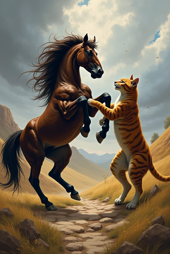 a horse fights with a cat