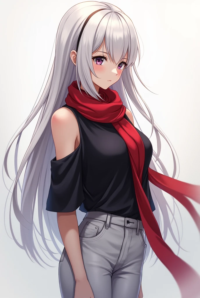Draw an anime girl with long white hair wearing a black shirt and remove the sleeves so that her arms and a little of her bust can be seen., with red scarf, and with white pants and with big eyes