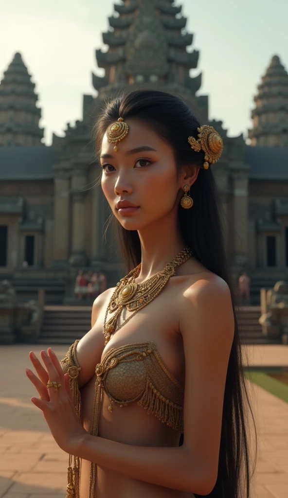 (best quality,4k,8k,highres,masterpiece:1.2), ultra-detailed, (realistic, photorealistic, photo-realistic:1.37), (an ancient Khmer woman from the Angkor Wat Era:1.2), (She has sun-kissed tan skin color, and long black hair:1.3), As a court lady, (she wears loincloth:1.2), (revealing her breasts:1.3), (perfectly round and perky breasts exposed:1.2), To accentuate her status and beauty, she adorns herself with gold ornaments, including a gold necklace and a gold hair-dress, (All are in the ancient Angkor Wat era style:1.3), In the background, the majestic Angkor Wat stands as a testament to her era, She is captured in a calm, relaxing pose, embodying the serene and spiritual atmosphere of the ancient temple, Her super finely detailed hands and ultra finely detailed fingers(((ten fingers))), stand still confidently, (full body showcase:1.2), ((show full body)).
