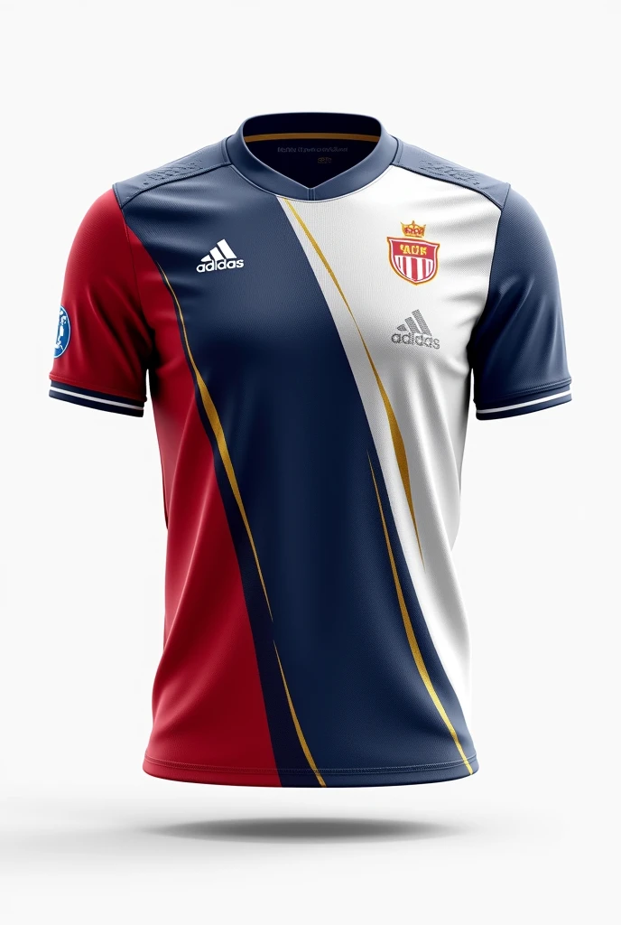 Create another modern professional football jersey with white blue red and gold colors