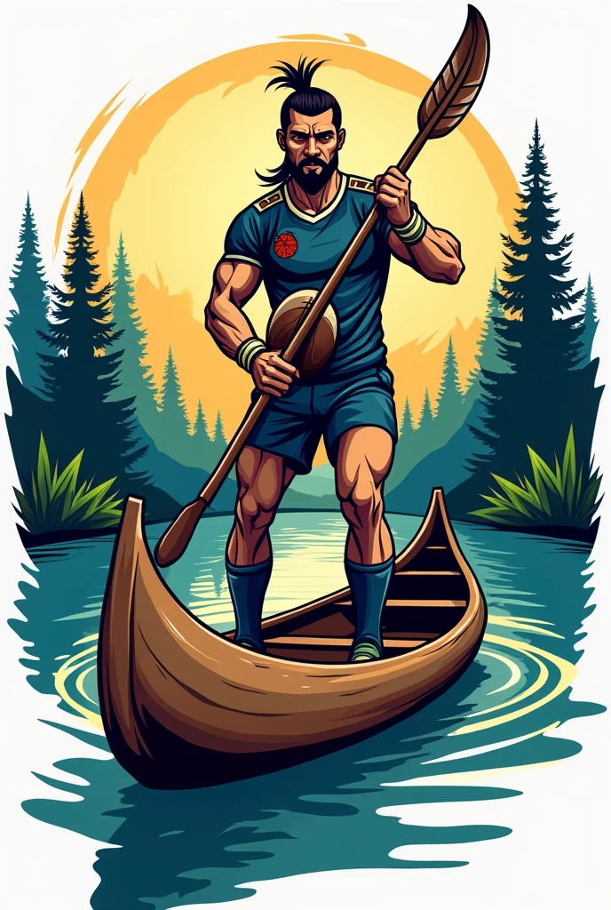 Create logo for me real rugby/ ball wrote Lake tribe rugby man standing at dugout canoe wearing rugby jersey holding rugby ball