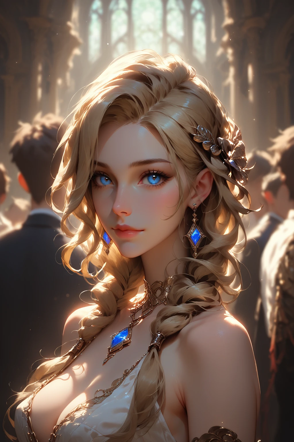 A sultry blonde bombshell, with luscious locks and subtle blond tips, sashays shamelessly across the dimly lit bar. Shallow depth of field and Chiaroscuro Lighting Style create a dramatic atmosphere, partially covering her in shadow. The crowd blends into the background as she strikes a provocative pose, bathed in a warm glow. Lens flare: 0.4, Cinematic Bokeh: 1.3,Expressiveh,concept art,dark theme
