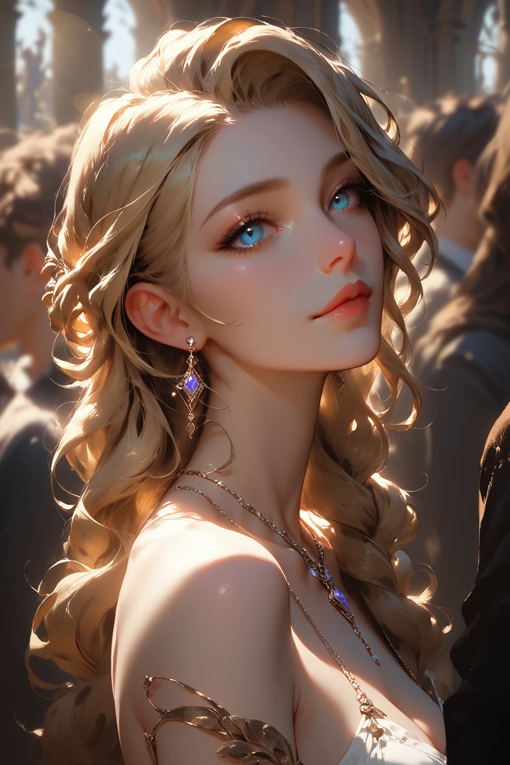 A sultry blonde bombshell, with luscious locks and subtle blond tips, sashays shamelessly across the dimly lit bar. Shallow depth of field and Chiaroscuro Lighting Style create a dramatic atmosphere, partially covering her in shadow. The crowd blends into the background as she strikes a provocative pose, bathed in a warm glow. Lens flare: 0.4, Cinematic Bokeh: 1.3,Expressiveh,concept art,dark theme