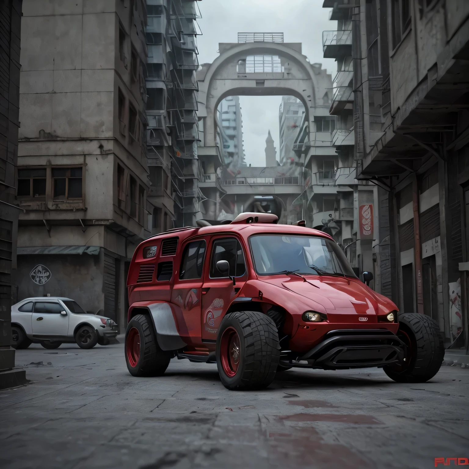 GoPro Shot From One (Cyberpunk wine-red tuk-tuk), 3/4 Vista Frontal, Wide-angle action shots, Post-apocalyptic, 屋outside, evening, path, destruction, De-airing, outside, City wall in background, Master Parts, Realistic, 8k, Attention to detail, Dark Theme,