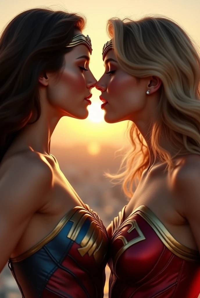 A stunning portrait of Wonder Woman and Supergirl touching each others breasts, kissing, French kissing, tongues touching, they are kissing, young and beautiful, hyper realistic, real portrait, backlit, exquisite features, cleavage, ecstasy