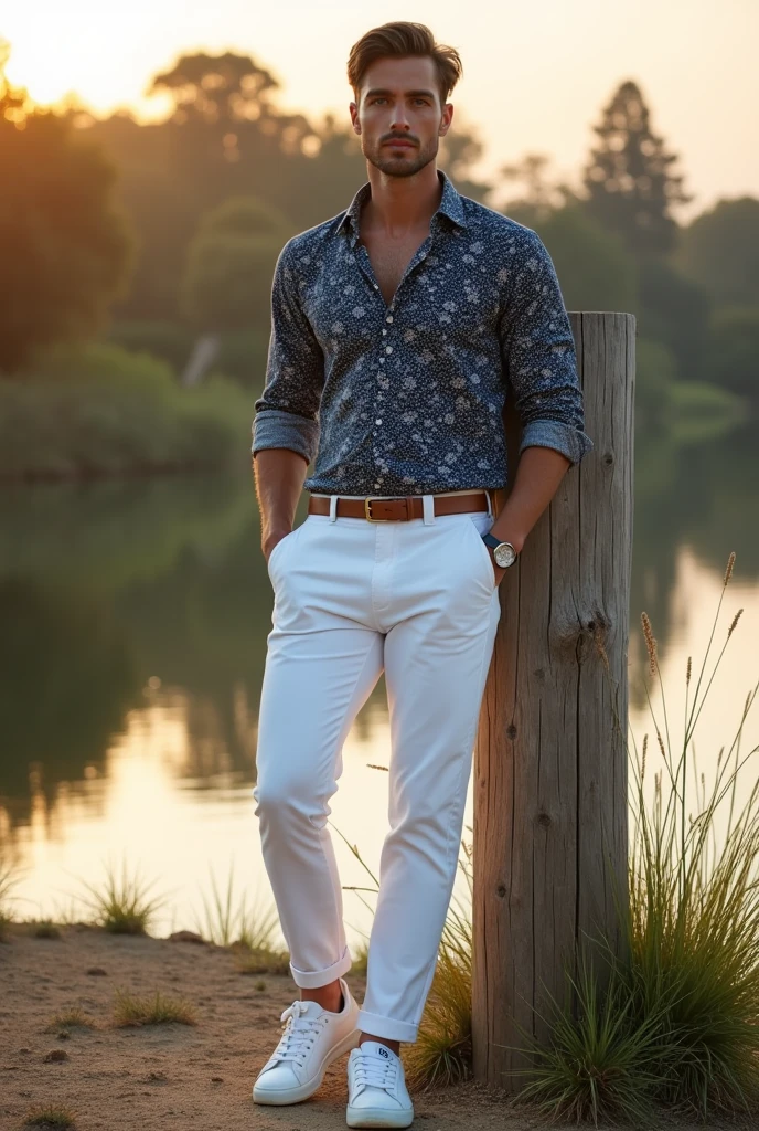 A white man, aged 35, model type, with short dark hair, with blue eyes, wearing a flowered shirt buttoned all the way up, white pants with belt, tennis, leaning against a wooden post on a lake in the Alentejo at dawn