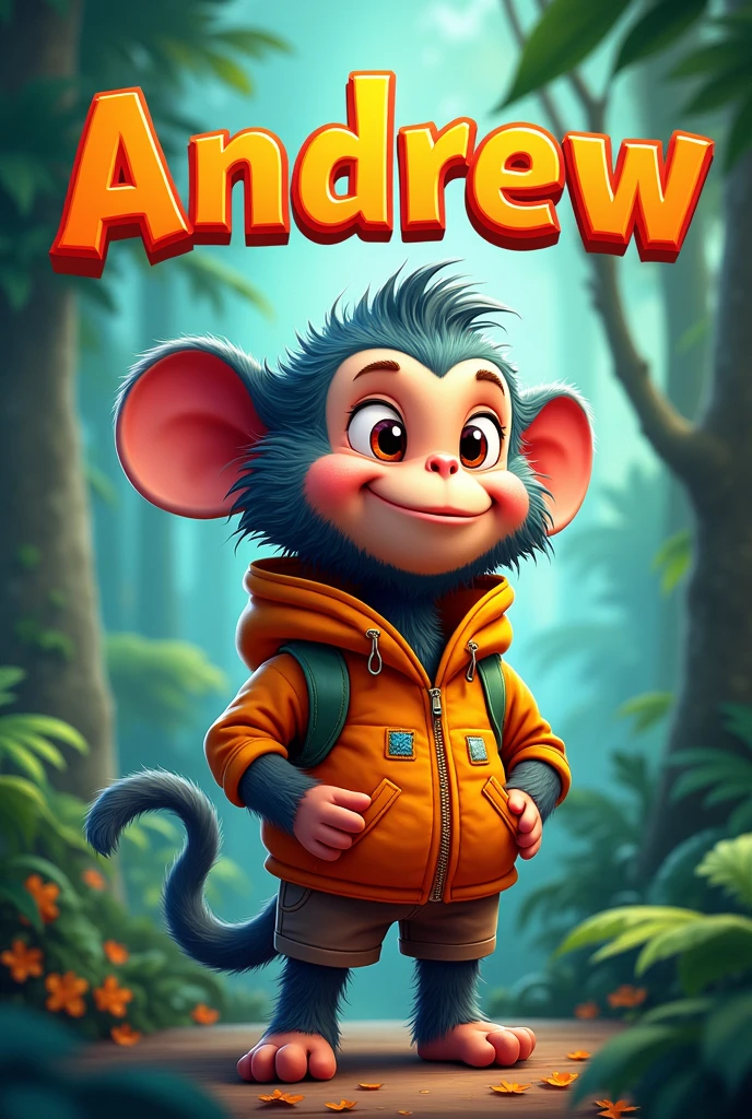 Create a flip book cover Add the name Andrew to the top of the title page by adding a colorful, non-fictional, animated jungle or domestic animal with clothes.