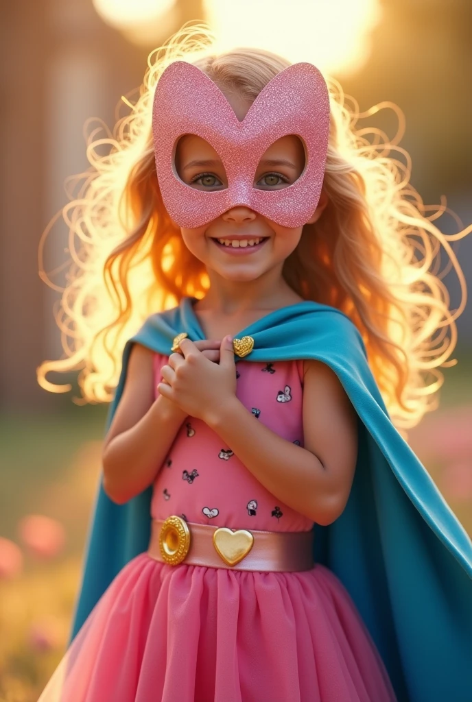 Create an image from a story where you can see an 8-year-old superhero girl in a pink dress, golden hair putting on her blue cape with golden hearts and her pink hearts mask