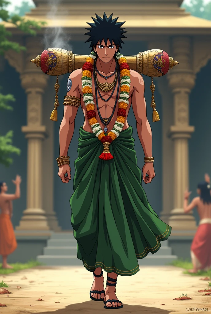 Anime character Kakashi as a lord Murugan devotee walking with green dhoti and kavadi on his shoulders and sacred ash on his forehead and wearing flower garland infront of temple