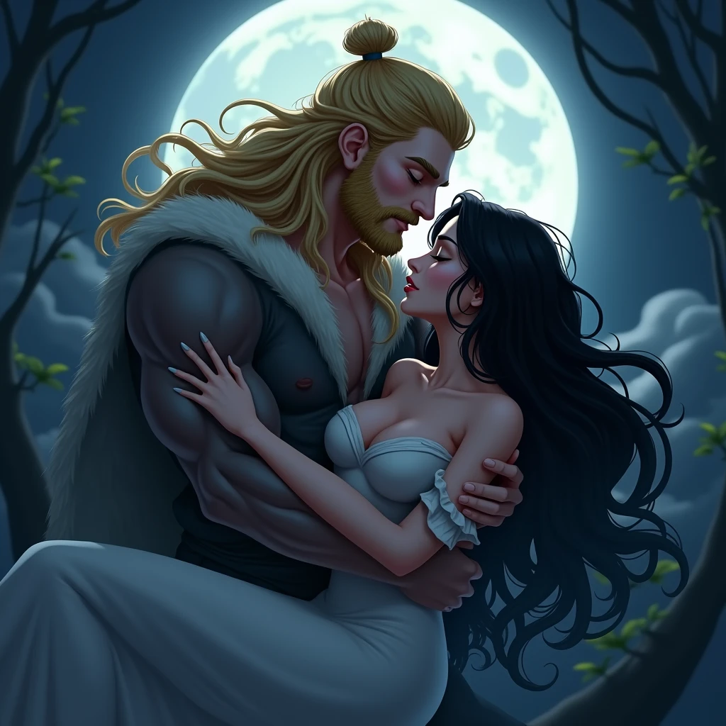 A blond man with long hair and is formed in a bun, Darkness almost completely absorbs it, revealing her attractive angelic and intimidating face, with defined jaw, muscular, with a little blonde beard, He has his eyes closed while he hugs a young girl, delicate and beautiful woman with porcelain skin, long, straight, jet-black hair, She is also covered by the darkness of the man, leaving the beautiful, delicate face of that woman visible., She still has her eyes closed enjoying the hug. at night, to the light of the Moon. ((The darkness that emanates from man is like a fog but stronger.)) animated art