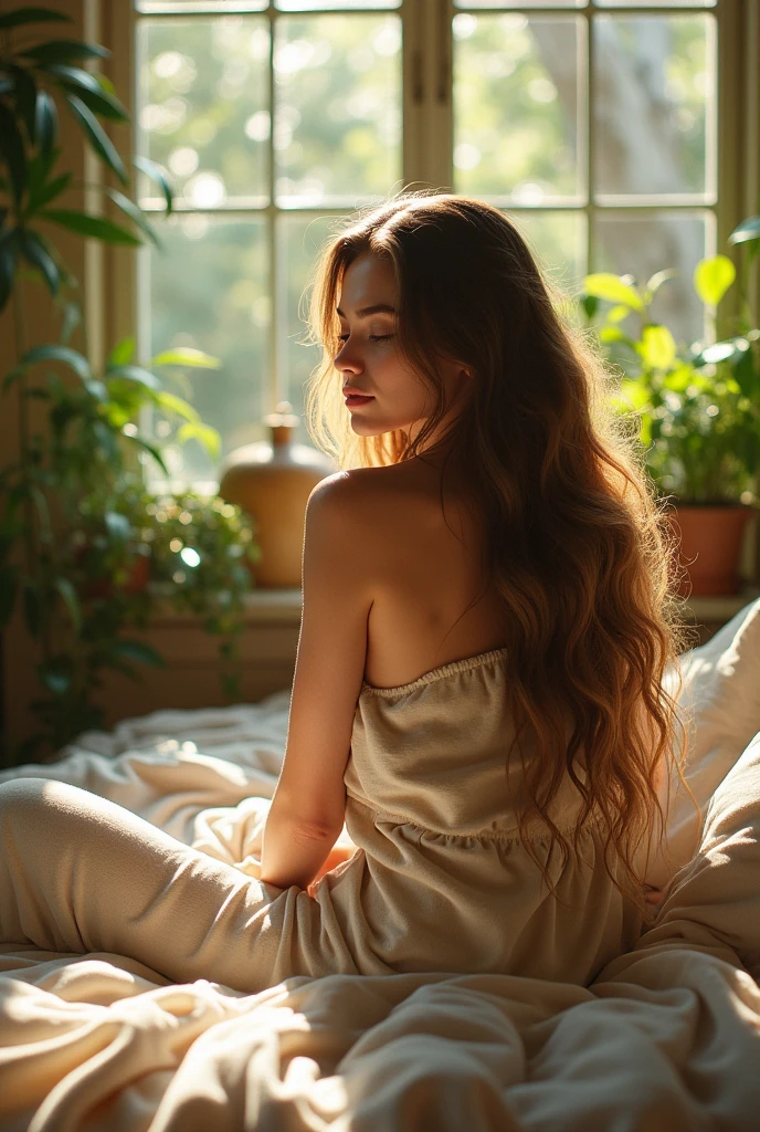 (photorealism:1.2), beautiful woman, sitting on bed, wearing loose off-shoulder top, pajama pants, long hair, indoors, soft lighting, plants in background, window with sunlight, cozy room, relaxed pose, realistic, intricate details, warm colors, by Greg Rutkowski, by Alphonse Mucha