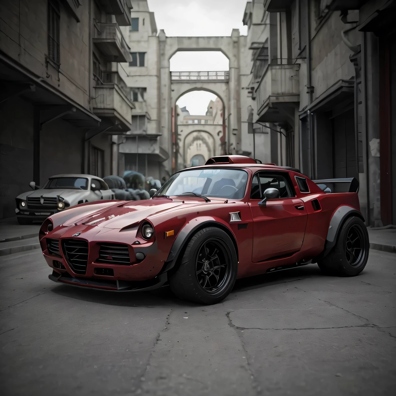 GoPro Shot From One (Cyberpunk wine red Alfa Romeo tuk-tuk), 3/4 Vista Frontal, Wide-angle action shots, Post-apocalyptic, 屋outside, evening, path, destruction,  De-airing, outside, City wall in background, Master Parts, Realistic, 8k, Attention to detail, Dark Theme,