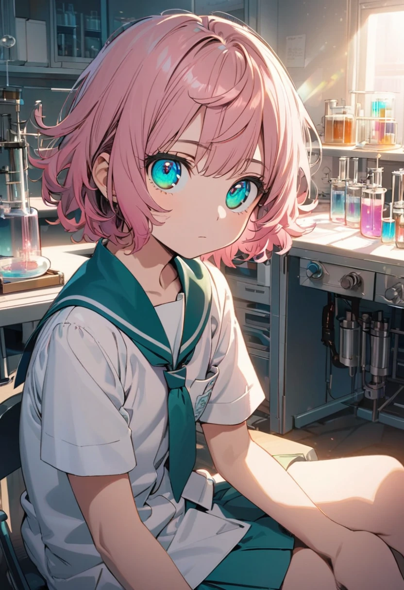 Haibara Ai \(Meitantei Conan\), (short hair), (bright soft pink hair), (sharp teal eyes):1.2, (7 years old), (Girl school uniform), ((expressionless)), ((ultra-detailed)), ((illustration)), ((shaggy hair)), (beautiful detailed eyes), (female), 1girl, (sitting), ((laboratory, morning)), looking at viewer