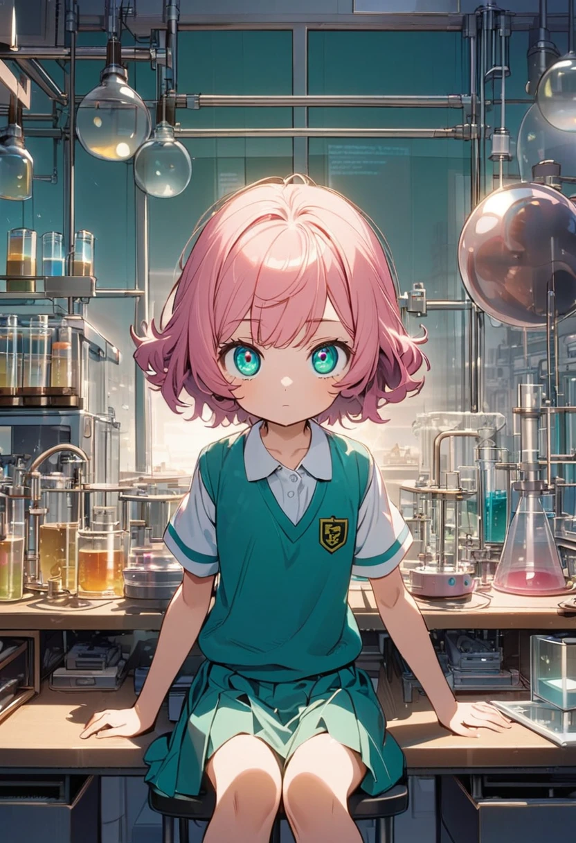 Haibara Ai \(Meitantei Conan\), (short hair), (bright soft pink hair), (sharp teal eyes):1.2, (7 years old), (Girl school uniform), ((expressionless)), ((ultra-detailed)), ((illustration)), ((shaggy hair)), (beautiful detailed eyes), (female), 1girl, (sitting), ((laboratory, morning)), looking at viewer