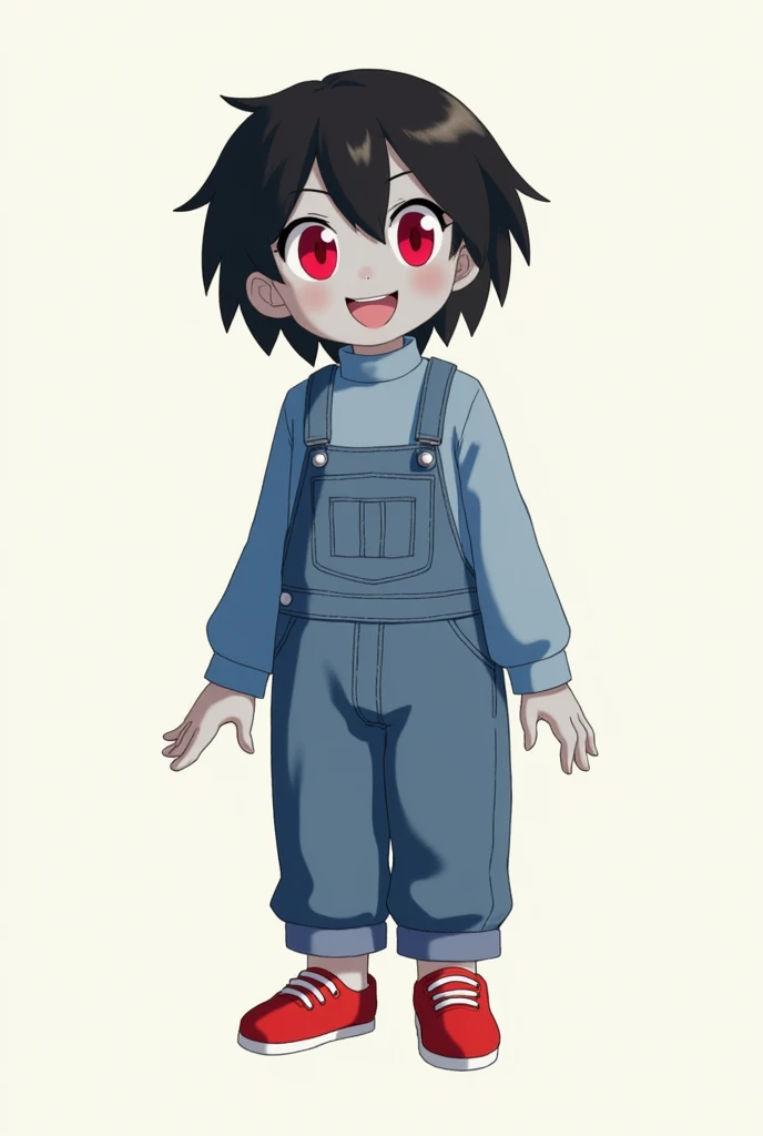 A 1, grey skin, red eyes, short black hair, denim overalls, muted blue sweater, red shoes, cheerful personality, anime style