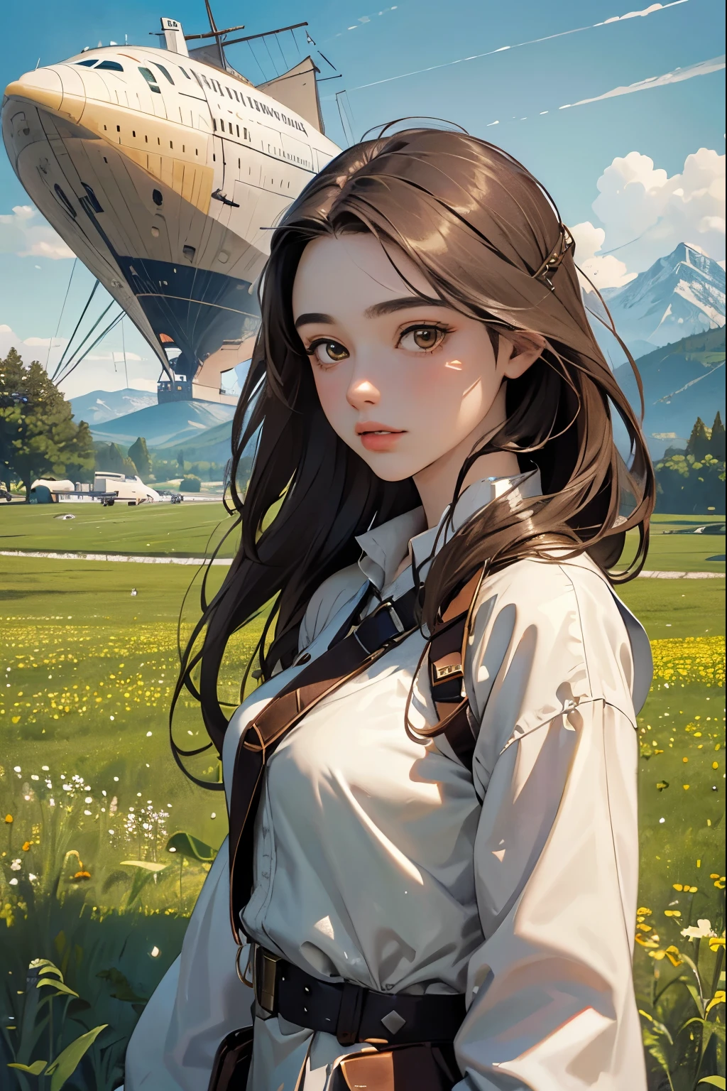 Master piece, 18 years old, young girl, Dark Brown Long hair, posing in front of full view of airship floating. meadow with mountain background.
