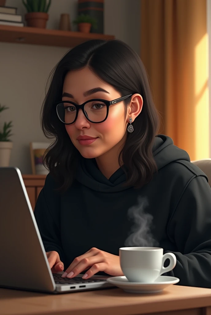 Chilean woman, Madura, semi-long dark hair, with glasses, sitting at a living room table with a computer and a cup of coffee. She is a mother of two young people. Wear a black sweatshirt , earrings