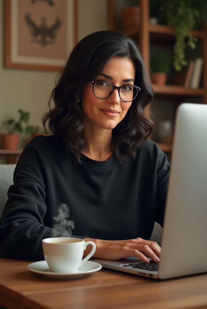 Chilean woman, Madura, semi-long dark hair, with glasses, sitting at a living room table with a computer and a cup of coffee. She is a mother of two young people. Wear a black sweatshirt , earrings