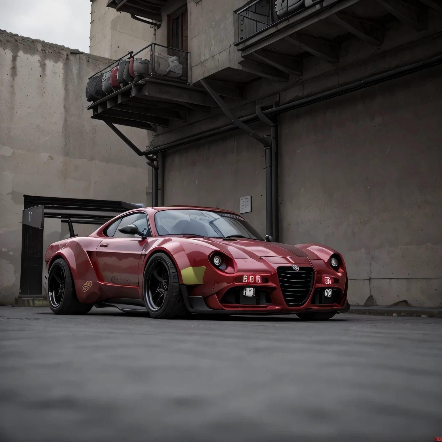 GoPro Shot From One (Cyberpunk wine red Alfa Romeo minivan), 3/4 Vista Frontal, Wide-angle action shots, Post-apocalyptic, 屋outside, evening, path, destruction, De-airing, outside, City wall in background, Master Parts, Realistic, 8k, Attention to detail, Dark Theme,