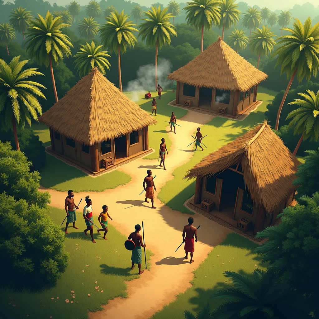 A reference image for a game environment I want to create of the story of moremi ajasoro, an image of a small village with huts and trees and grass and some Igbo warriors, make the image in a way I can see the top view of the whole village 