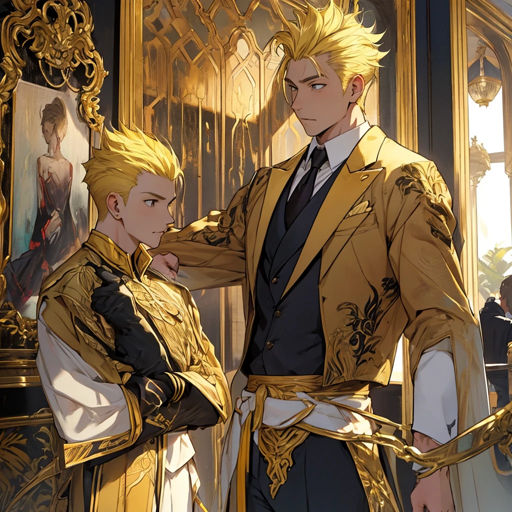 Young-faced man. blond hair, short on the sides, formal. Yellow hair. Golden hair. yellow hair. athletic body, shaped body. He wears an elegant king&#39;s suit. corona. King&#39;s suit. corona. tez morena. brown skin. slanted red eyes. A man. Scar on one side of his face. fierce look.