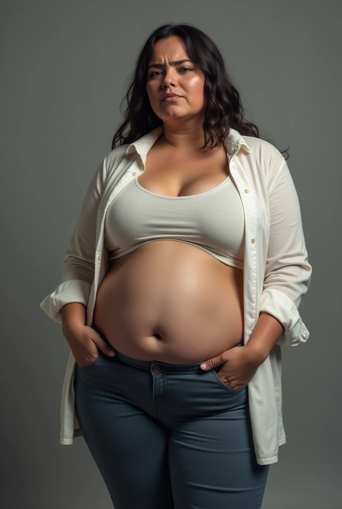 Woman with a fat belly wearing tight pants and shirt embarrassed because you can see how fat she is
