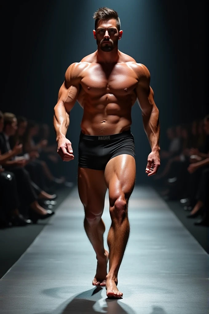 Muscular man in underwear modeling on a catwalk, shiny muscles, SEX, muscle definition, masculine, on fashion catwalk, tight underwear