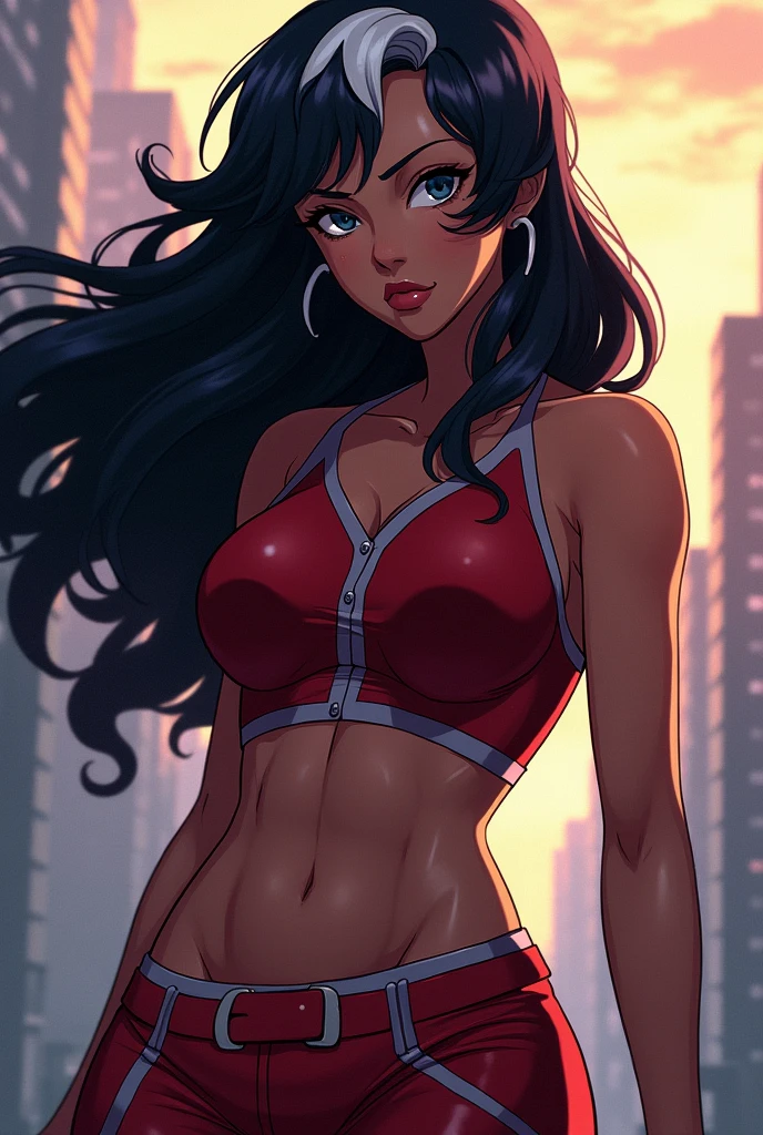 Make an anime style woman from my hero academia,with long black wavy hair,with a white lock,black eyes,good physique,dark-skinned