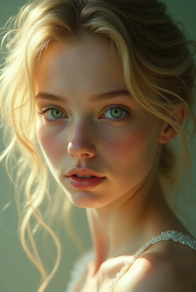 Face with green eyes and beautiful with light and blond