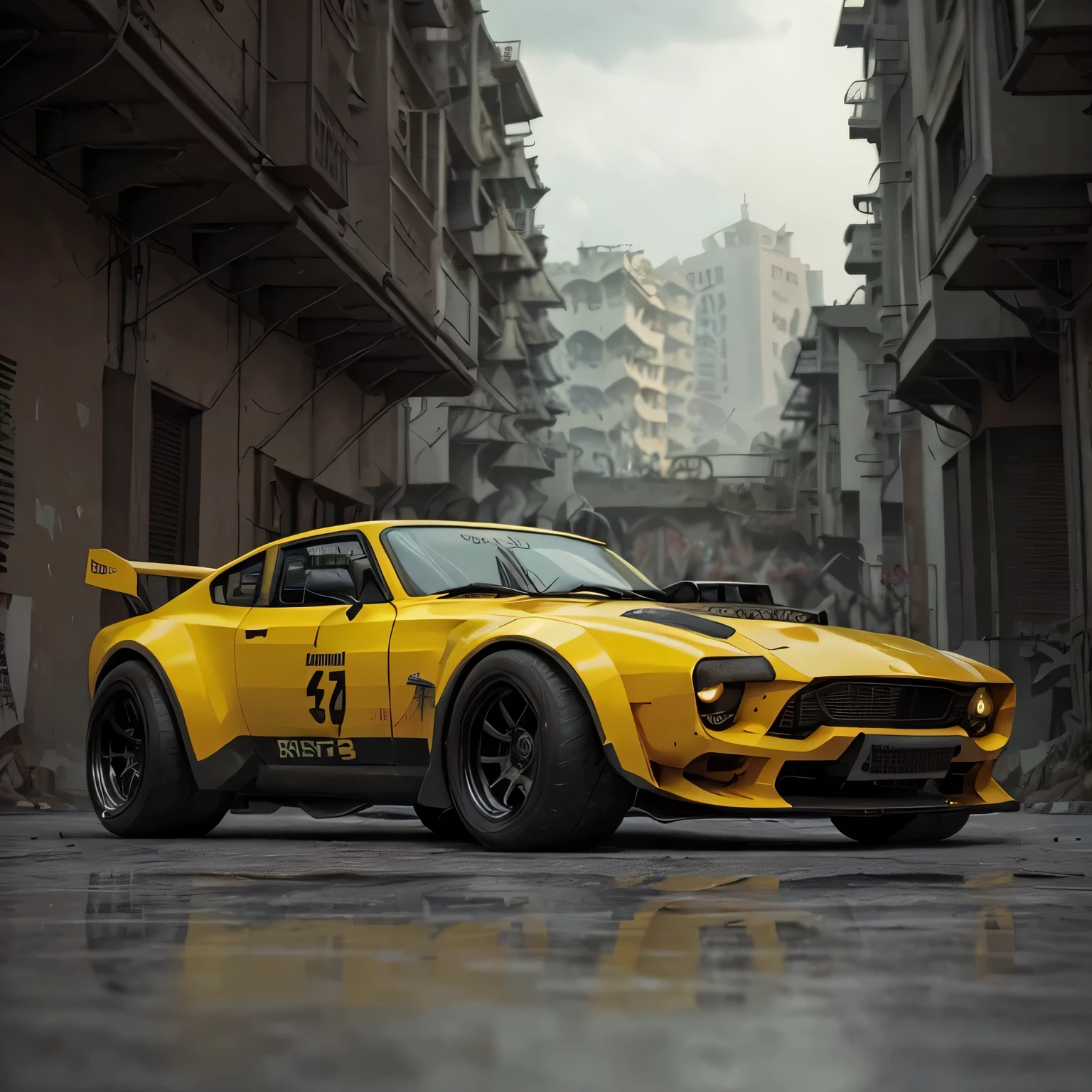 GoPro Shot From One (Cyberpunk Yellow Datsun Z), 3/4 Vista Frontal, Wide-angle action shots, Post-apocalyptic, 屋outside, evening, path, destruction, De-airing, outside, City wall in background, Master Parts, Realistic, 8k, Attention to detail, Dark Theme,