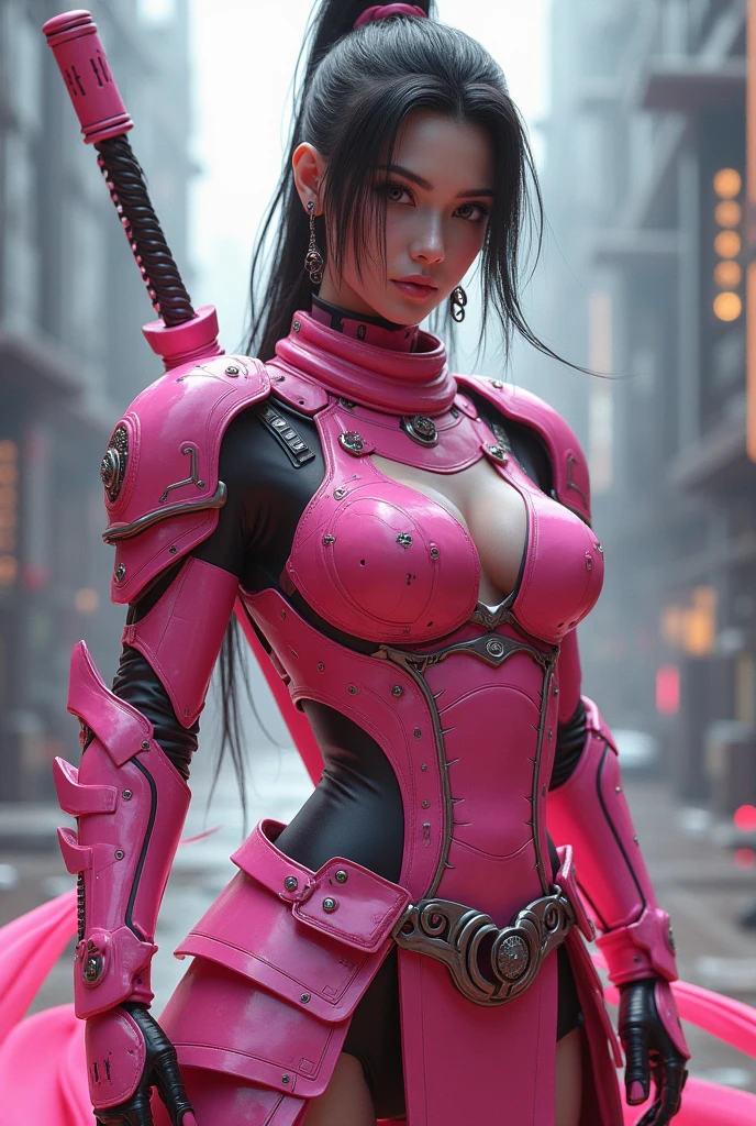 a female cybernetic samurai warriorin pink armor, hourglass body, huge breasts, large hips,