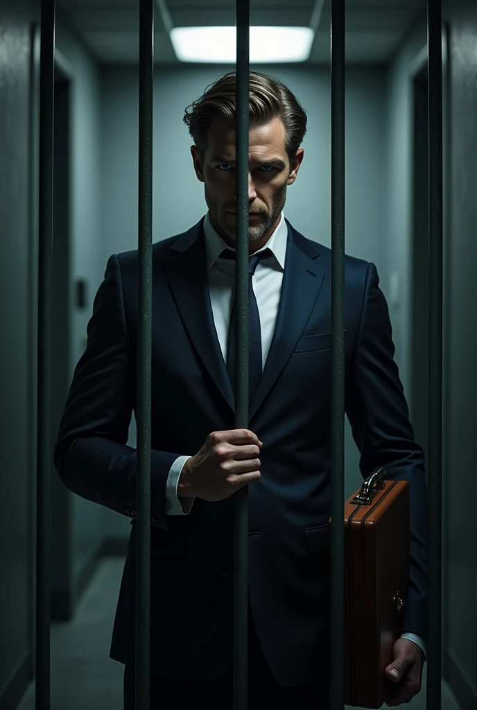 A pharmaceutical company manager with a briefcase behind the steel bars of jail seeking justice