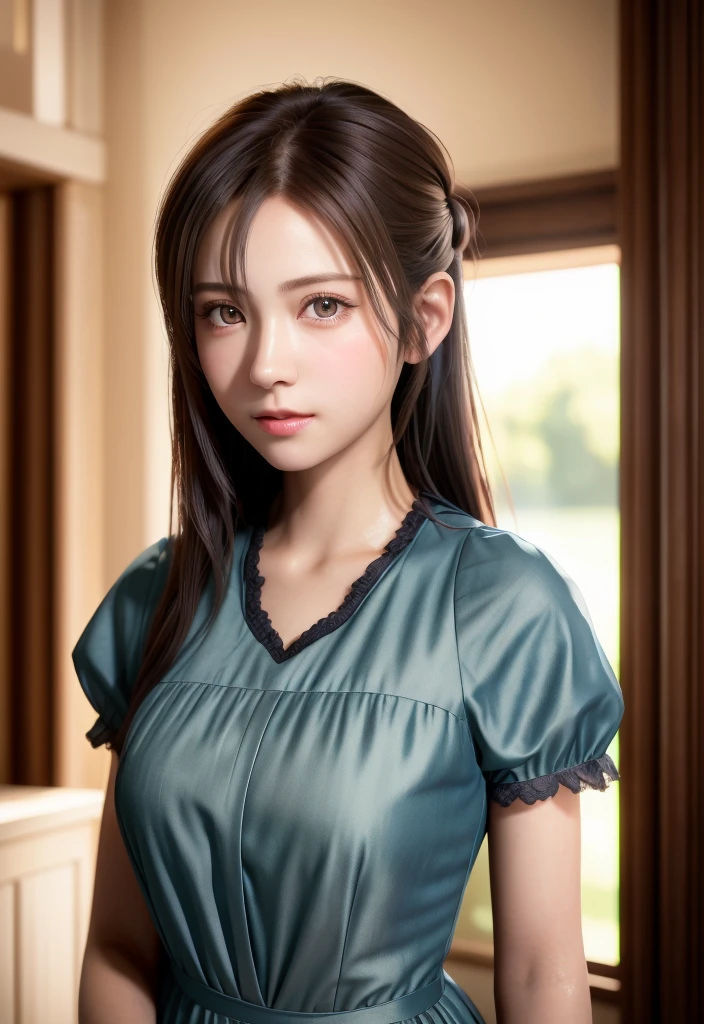 8K, of the highest quality, masutepiece:1.2), (Realistic, Photorealsitic:1.37), of the highest quality, masutepiece, Beautiful young woman, Pensive expression, Gentle eyes, Cute Maid Clothes, Hair tied back, feeling radiant, Cinematic background,, Light skin tone
