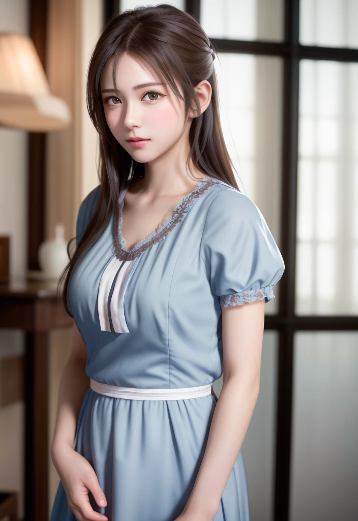 8K, of the highest quality, masutepiece:1.2), (Realistic, Photorealsitic:1.37), of the highest quality, masutepiece, Beautiful young woman, Pensive expression, Gentle eyes, Cute Maid Clothes, Hair tied back, feeling radiant, Cinematic background,, Light skin tone