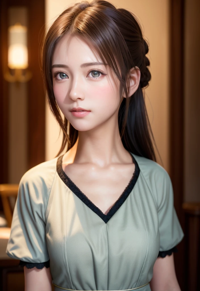 8K, of the highest quality, masutepiece:1.2), (Realistic, Photorealsitic:1.37), of the highest quality, masutepiece, Beautiful young woman, Pensive expression, Gentle eyes, Cute Maid Clothes, Hair tied back, feeling radiant, Cinematic background,, Light skin tone