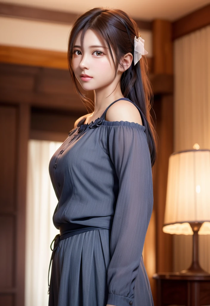 8K, of the highest quality, masutepiece:1.2), (Realistic, Photorealsitic:1.37), of the highest quality, masutepiece, Beautiful young woman, Pensive expression, Gentle eyes, Cute Maid Clothes, Hair tied back, feeling radiant, Cinematic background,, Light skin tone