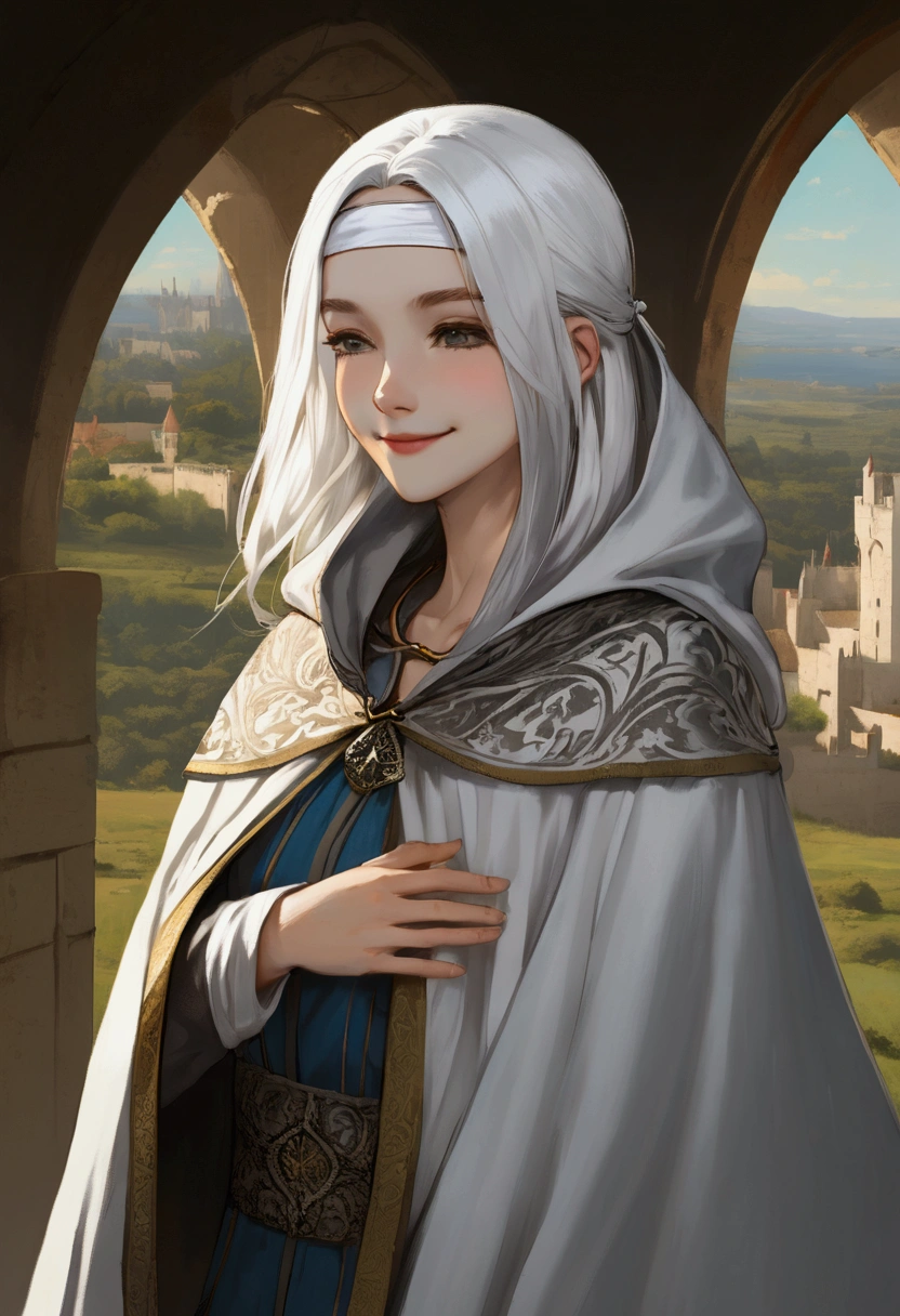 White hair, blindfold over eyes, cloak, smiling, closed mouth, pale skin, medieval scenery,