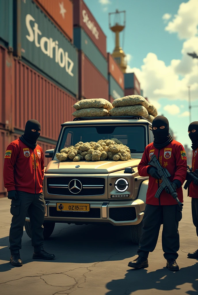 An animated image where a container full of packaged weed is being unloaded in a container port by several people and all people are wearing are fully masked and with weapons and Marokko Jersey and the weed is being loaded into the trunk of a Mercedes SUV. and at the top of the image the name „Stariotz“ is written in big large letters