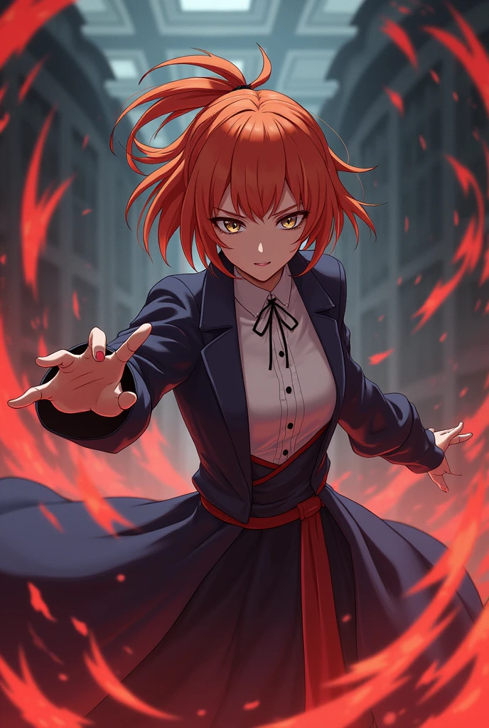 demon slayer style:Kimetsu no yaiba, girl with short hair and collected, When she picks it up, her ponytail is pointed upwards.,fighting a demon,and has the same uniform as Shinobu only without haori and with chest,her orange hair