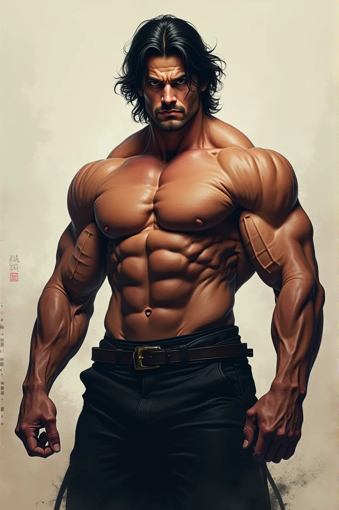 Man black hair tall muscular body black eyes elongated