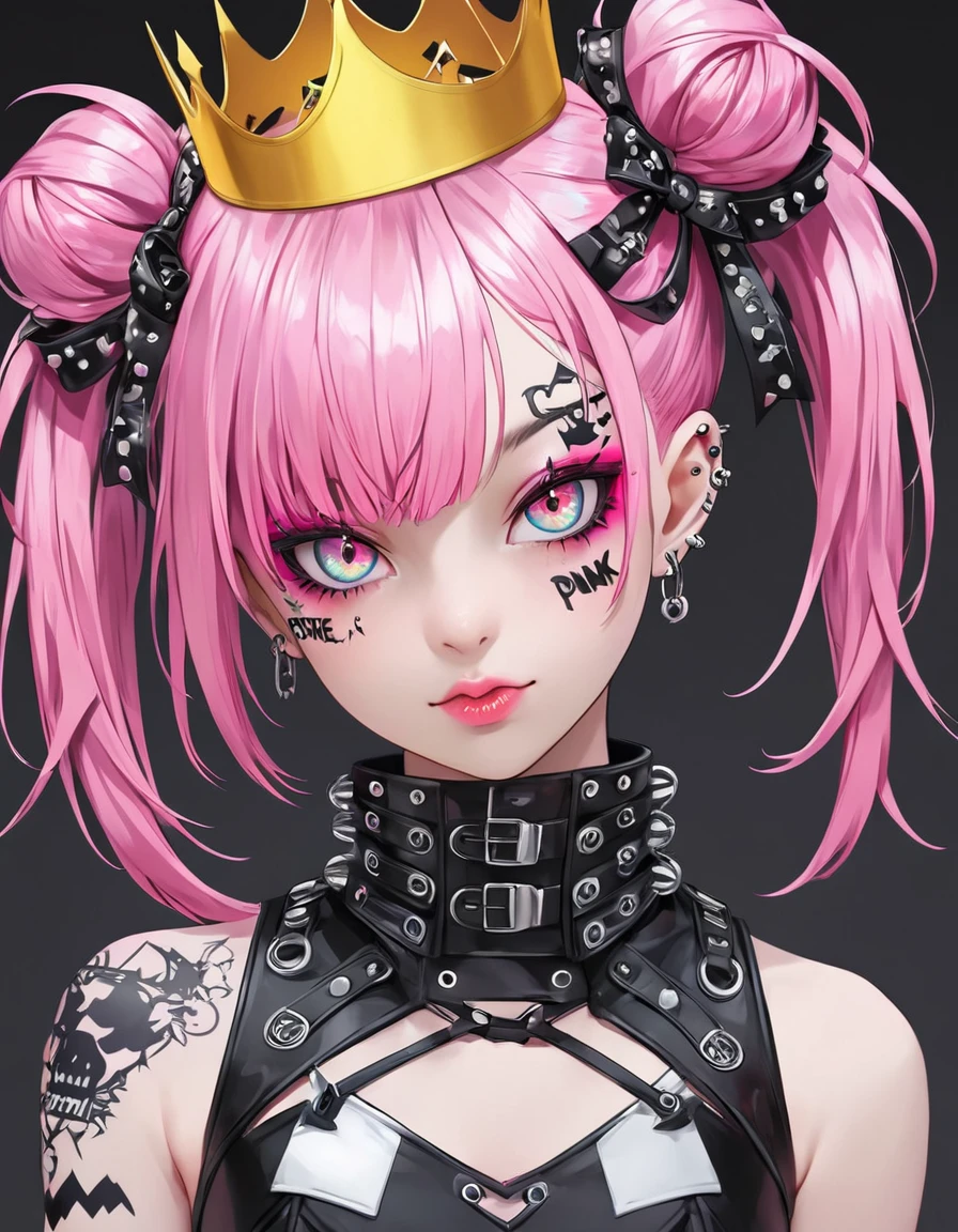 araffe girl with pink hair and a crown on her head, dressed in punk clothing, dressed in crustpunk clothing, anime girl cosplay, cybergoth, wearing a punk outfit, kerli koiv as anime girl, 1 7 - year - old anime goth girl, belle delphine, anime cosplay, with pink hair, anime girl in real life, punk girl