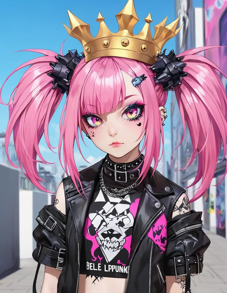 araffe girl with pink hair and a crown on her head, dressed in punk clothing, dressed in crustpunk clothing, anime girl cosplay, cybergoth, wearing a punk outfit, kerli koiv as anime girl, 1 7 - year - old anime goth girl, belle delphine, anime cosplay, with pink hair, anime girl in real life, punk girl