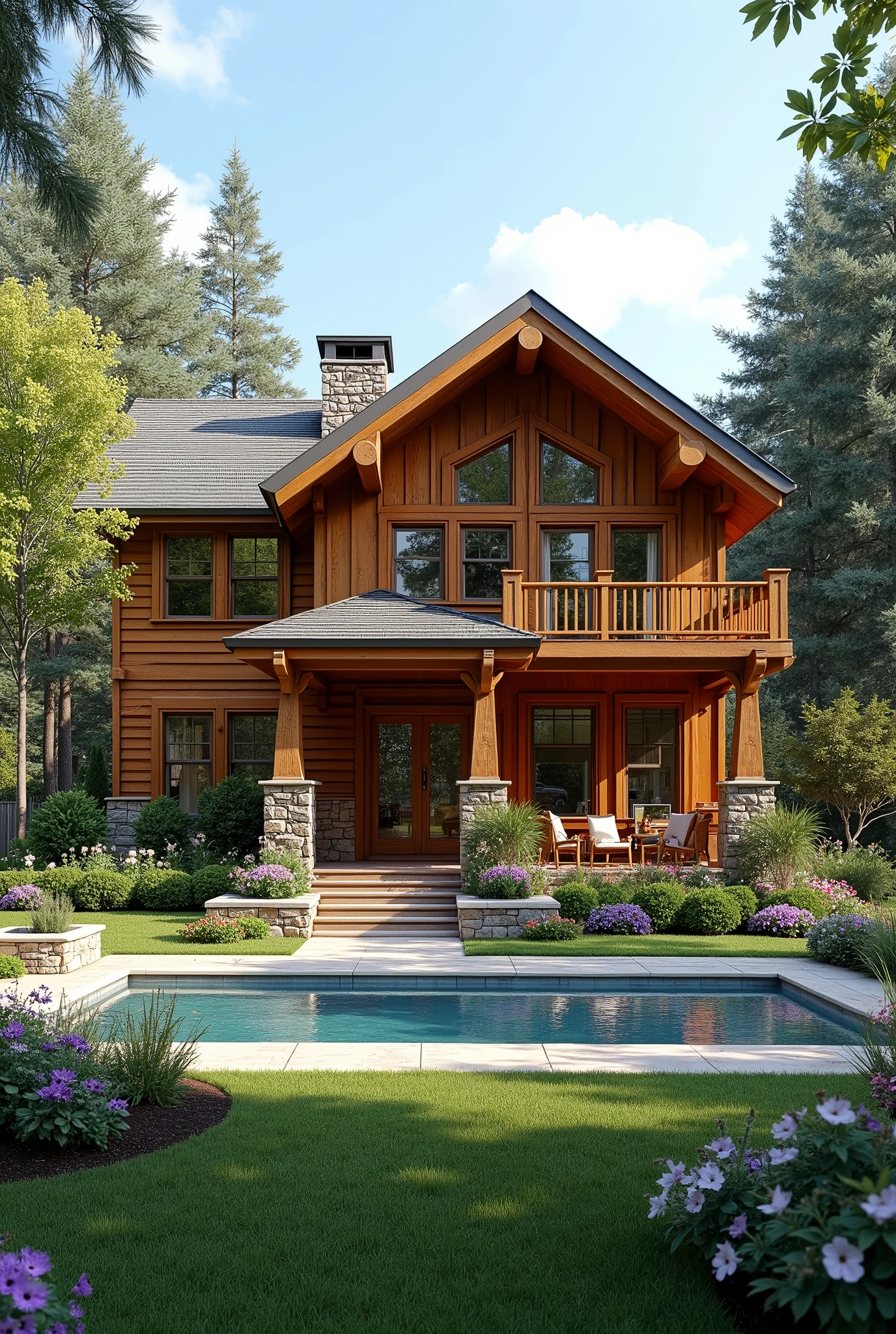 MAKE MORE REALISTIC Two-story cabin-style house with 4 rooms, 3 bathrooms, big kitchen, white armchairs with big tv, garden with flowers and a swimming pool