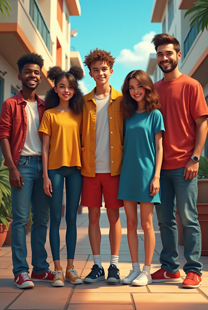 Realistic youth group consisting of 5 young people in musician costumes, artist, leader and athlete from 14 to 28 happy years
