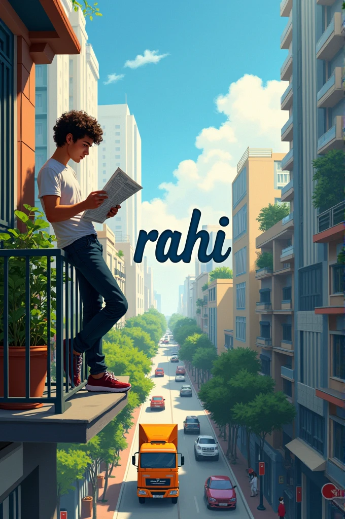 A young man with curly hair stands on a balcony, reading a newspaper. He leans against the railing, looking pensively towards the street below. The scene captures a vibrant urban setting with tall modern buildings in the background and traditional low-rise structures in the foreground. Lush green plants in pots adorn the balcony, while a few pedestrians and vehicles, including an orange truck, can be seen on the busy road below. The image conveys a peaceful moment amidst city life. The word RAHI is superimposed across the center.