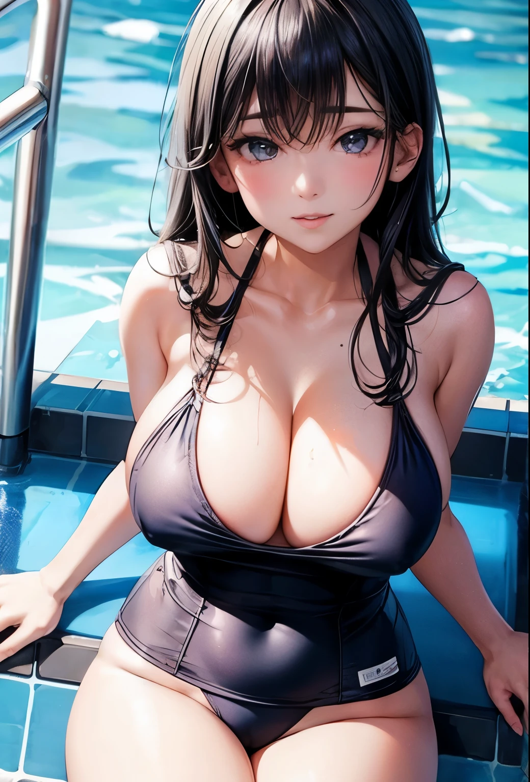 Black Hair　Navy blue new school swimsuit　Big Breasts　Midsummer Pool　Mature Woman
