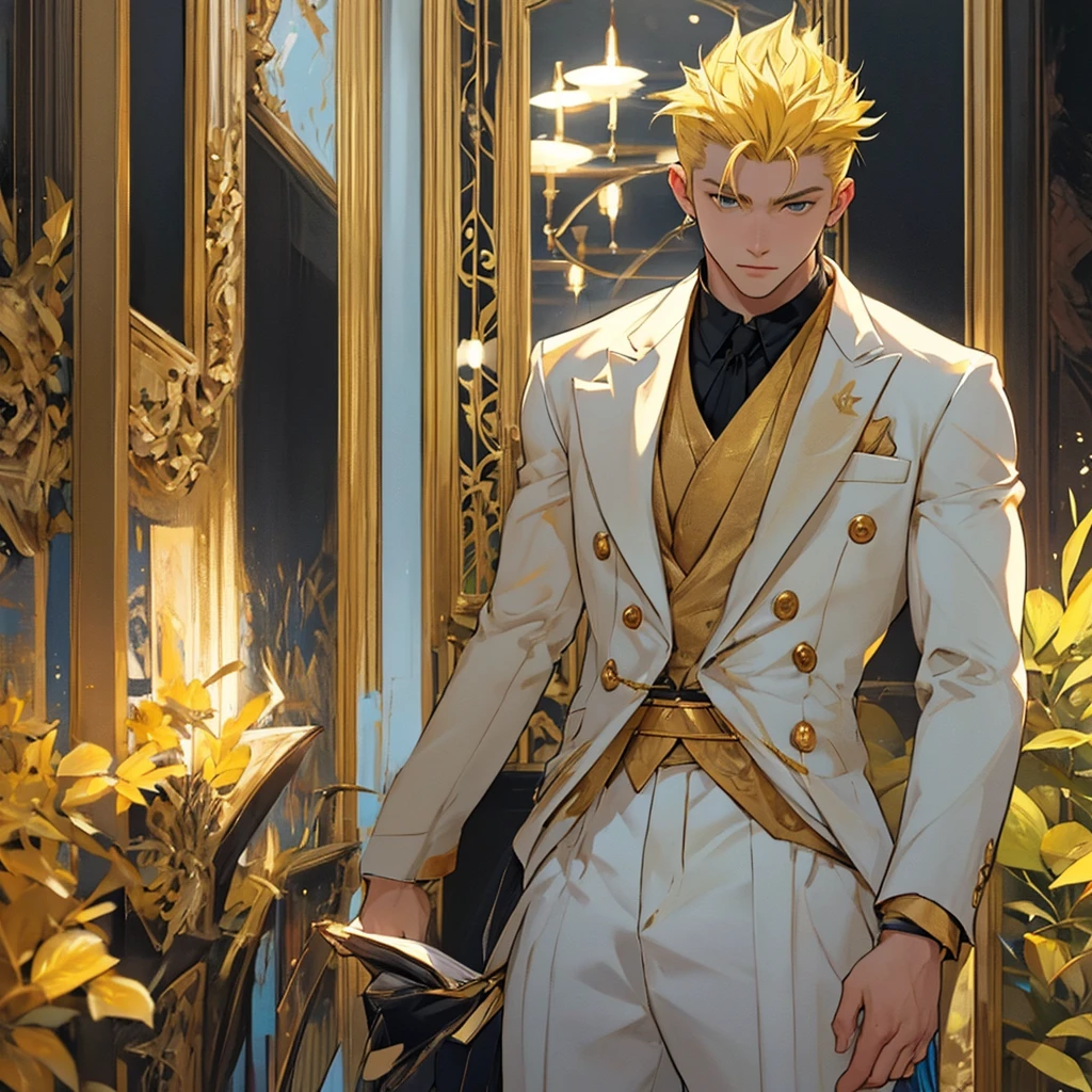 Young-faced man. blond hair, short on the sides, formal. Yellow hair. Golden hair. yellow hair. athletic body, shaped body. He wears an elegant king's suit. corona. King's suit. corona. tez morena. brown skin. slanted red eyes. A man. Scar on one side of his face. fierce look.