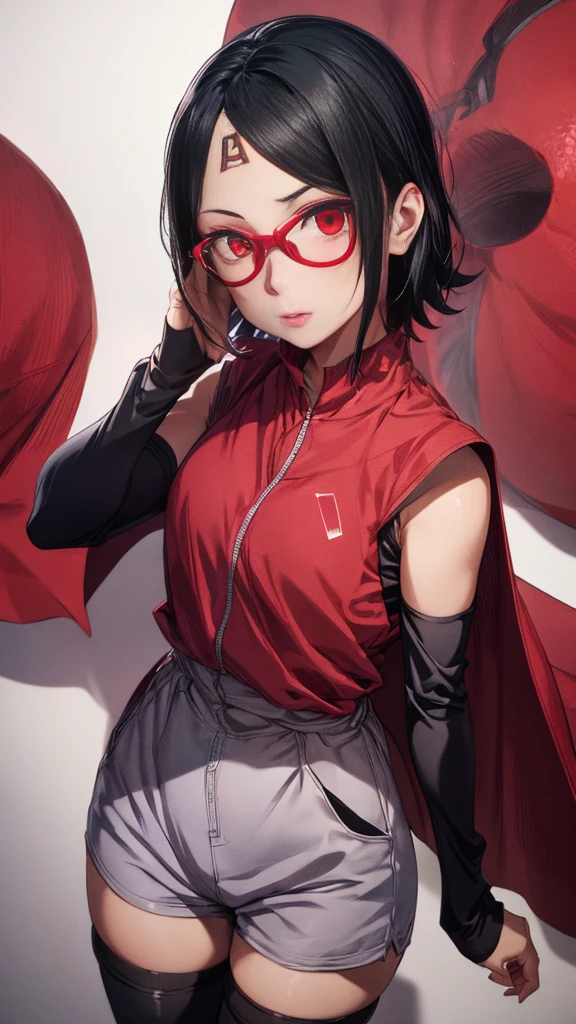 1girl, solo, black hair, short hair, Red eyes, frameless glasses. In a mini crown, cape, jumpsuit, long sleeves, high-waist shorts, red shorts, striped thigh highs, shoes, purple footwear,sexy , closeup shot,, detailed art. Curved hips, Thick thighs,, bare shoulders, scary basement background,, facing viewer, hands on hips, shiny hair, sexy hips. Dark pink painted lips, wet skin, (extremely detailed face), behind, 8K resolution, super detailed, high quality,, heart shaped lips.