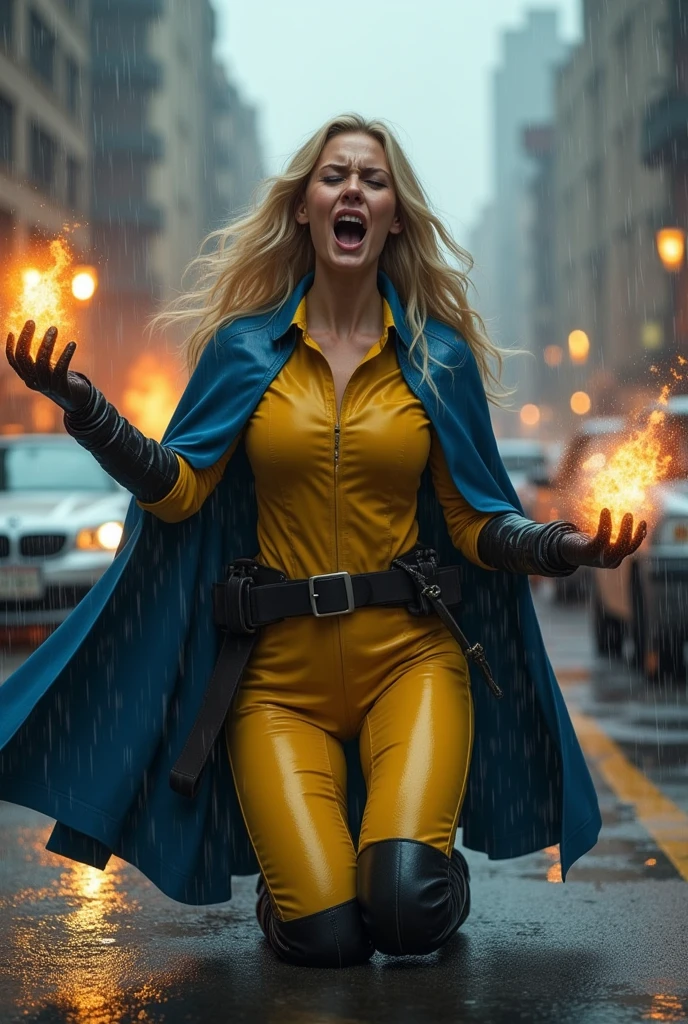 A beautiful woman with long blonde hair wearing a yellow jumpsuit in leather blue cape boots and black gloves long boots up to her knees wide black gym belt in an apocalyptic rainy city cars and buildings on fire magic in her hands knees screaming exhausted after an extensive battle magic in her hands blue cape