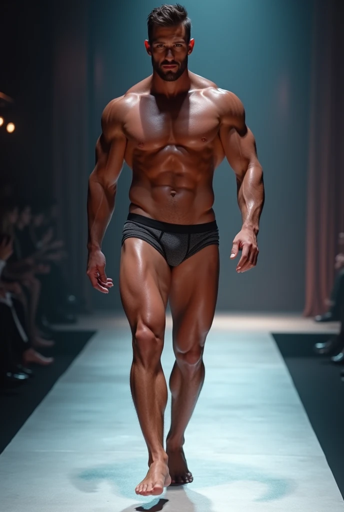 Muscular man in underwear modeling on a catwalk, shiny muscles, SEX, muscle definition, masculine, on fashion catwalk, tight underwear, big lump((NSFW))